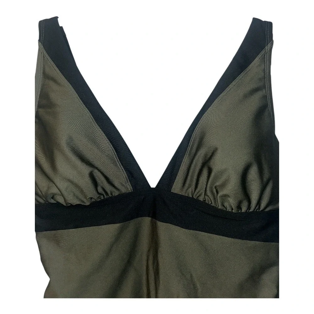 DKNY Green/Black V-Neck Contrast Trim One Piece Swimsuit, Size‎ 12 - Picture 3 of 7